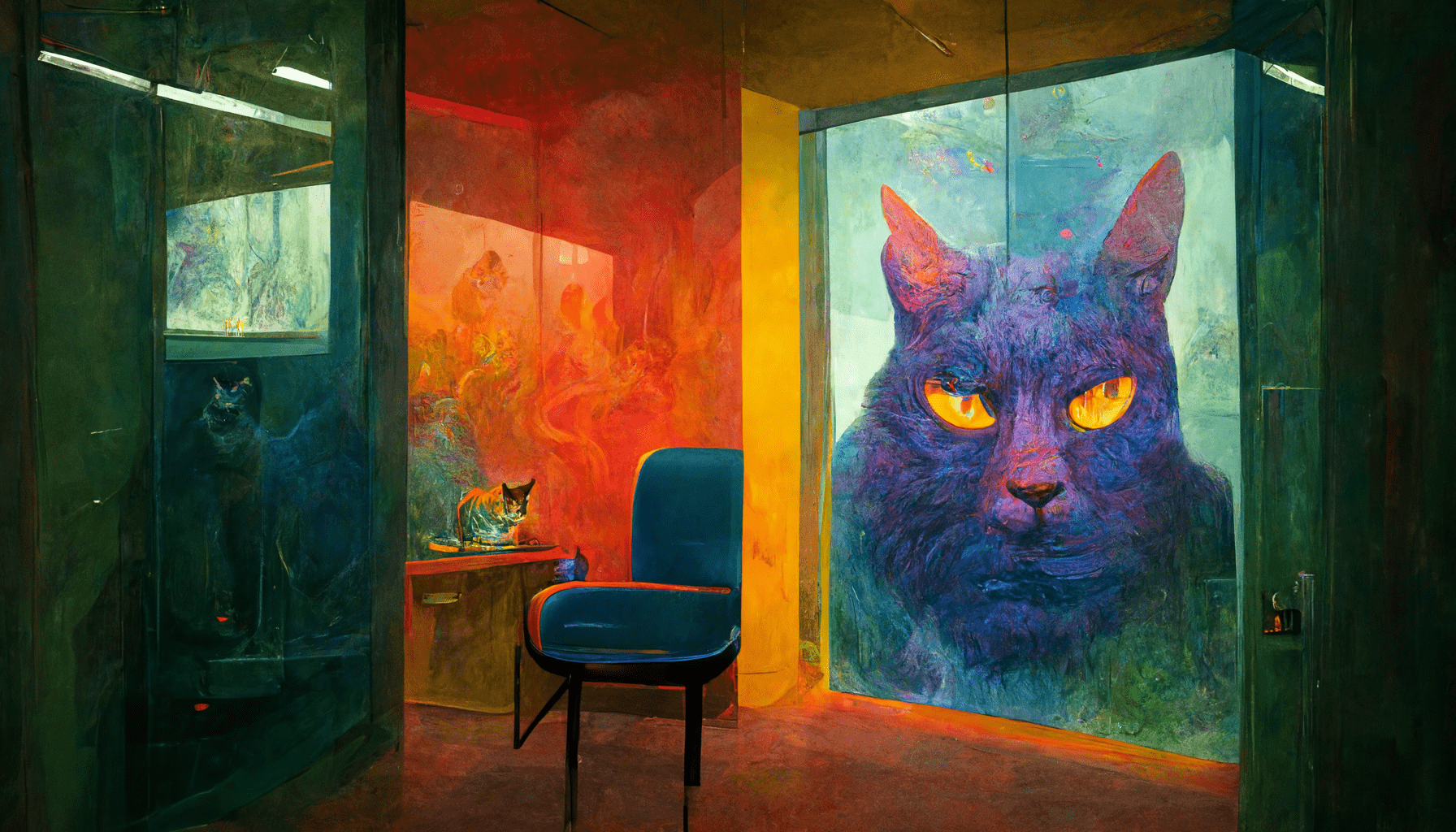 An Impressionistic cat looks down from artwork on a wall.