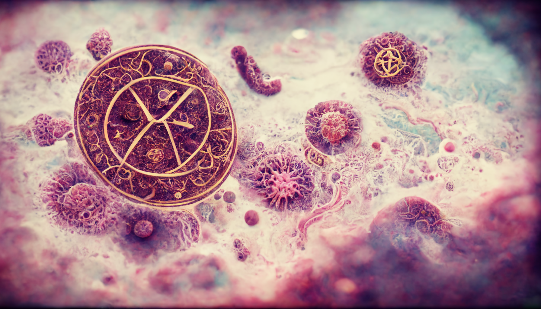 In impressionistic illustration of microscopic disease with zodiac elements