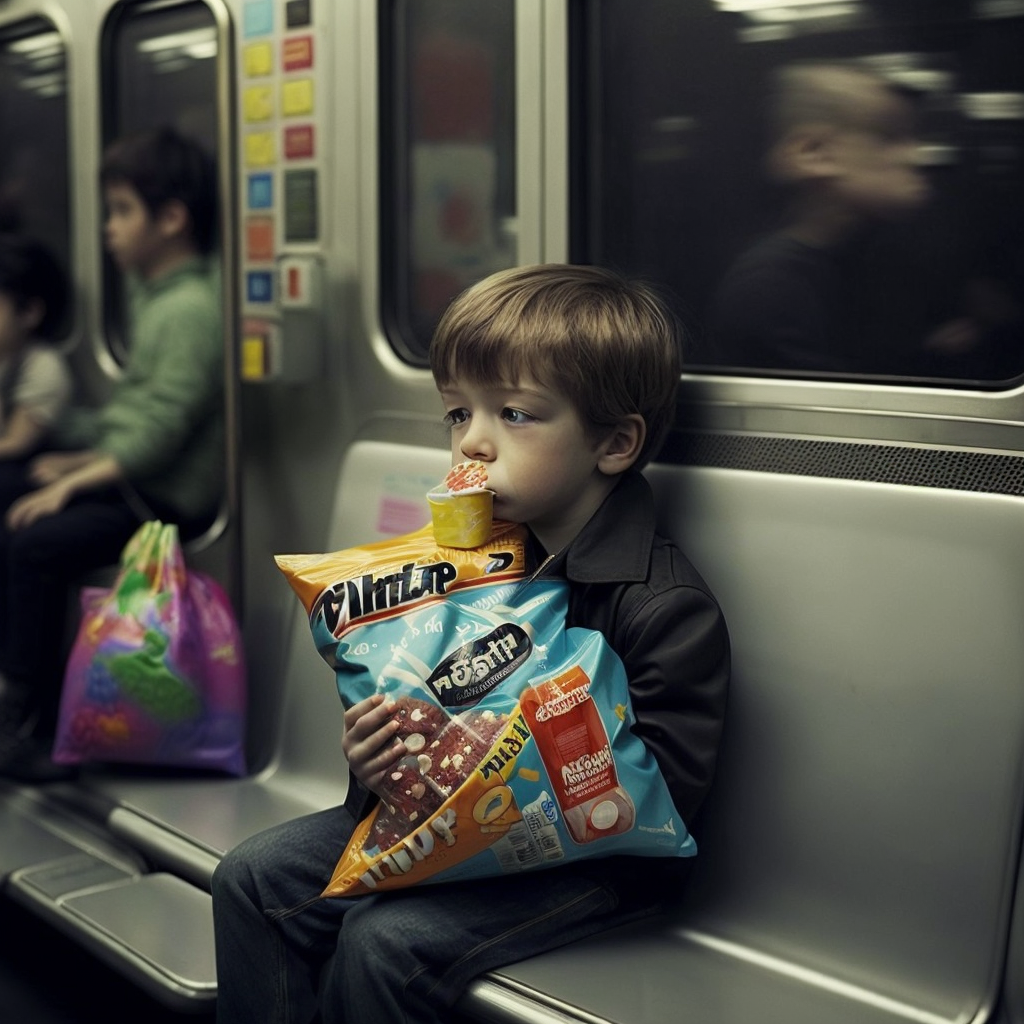 Unhappy looking kid with candy on the subway.